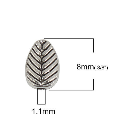 Picture of Zinc Based Alloy Spacer Beads Leaf Antique Silver Color 8mm x 6mm, Hole: Approx 1.1mm, 100 PCs