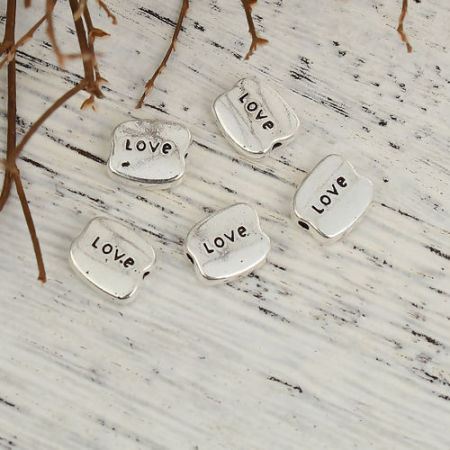 Picture of Zinc Based Alloy Spacer Beads Irregular Antique Silver Color Message " LOVE " 10mm x 8mm, Hole: Approx 1.4mm, 50 PCs
