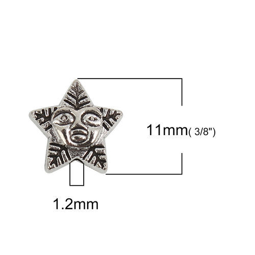 Picture of Zinc Based Alloy Spacer Beads Face Antique Silver Color Pentagram Star 11mm x 11mm, Hole: Approx 1.2mm, 50 PCs