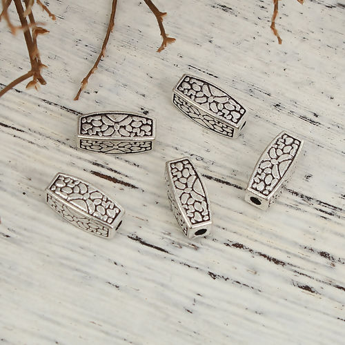 Immagine di Lega di Zinco Separatori Perline Rettangolo Argento Antico Intagliato Scolpisce Circa 12mm x 5mm, Foro:Circa 1.7mm, 50 Pz