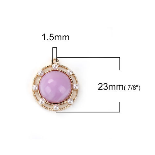 Bild von Zinklegierung & Acryl Königlicher Stil Charms Rund Vergoldet Lila Imitat Perle 23mm x 20mm, 5 Stück