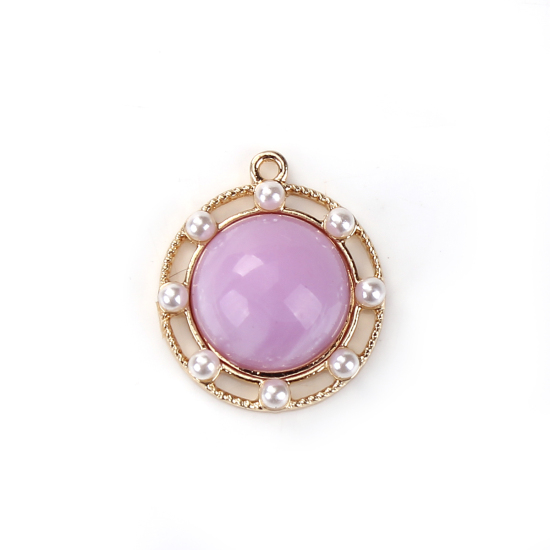 Bild von Zinklegierung & Acryl Königlicher Stil Charms Rund Vergoldet Lila Imitat Perle 23mm x 20mm, 5 Stück