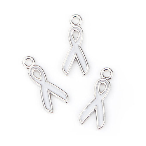 Picture of Zinc Based Alloy Charms Ribbon Silver Tone White Enamel 20mm( 6/8") x 9mm( 3/8"), 20 PCs