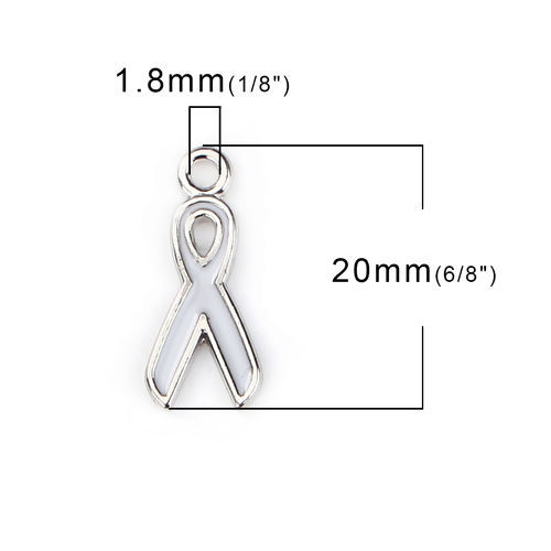 Picture of Zinc Based Alloy Charms Ribbon Silver Tone White Enamel 20mm( 6/8") x 9mm( 3/8"), 20 PCs
