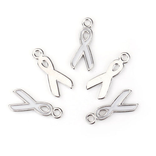 Picture of Zinc Based Alloy Charms Ribbon Silver Tone White Enamel 20mm( 6/8") x 9mm( 3/8"), 20 PCs