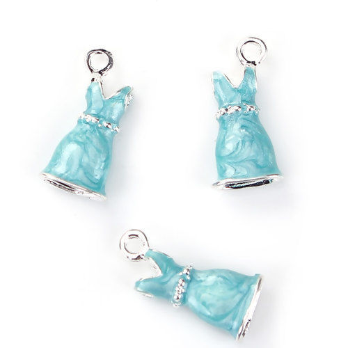 Picture of Zinc Based Alloy Charms Dress Silver Plated Green Blue Enamel 18mm( 6/8") x 9mm( 3/8"), 10 PCs