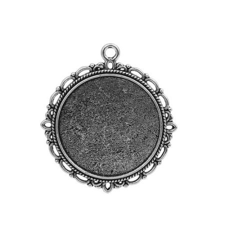 Picture of Zinc Based Alloy Pendants Round Antique Silver Color Cabochon Settings (Fits 26mm Dia.) 39mm x 35mm, 10 PCs