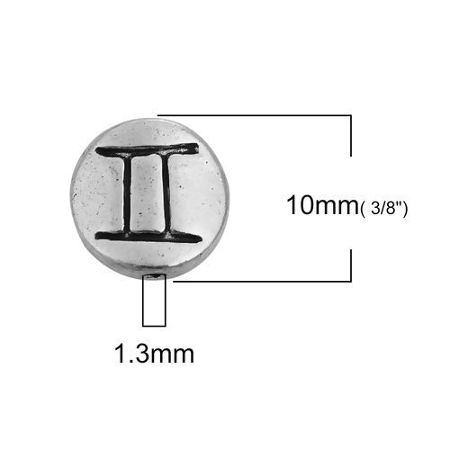 Immagine di Lega di Zinco Separatori Perline Tondo Argento Antico Costellazione Gemelli Scolpisce Circa 10mm Dia, Foro:Circa 1.3mm, 50 Pz