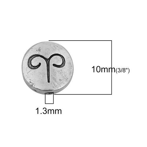 Immagine di Lega di Zinco Separatori Perline Tondo Argento Antico Costellazione Ariete Scolpisce Circa 10mm Dia, Foro:Circa 1.3mm, 50 Pz
