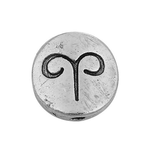 Immagine di Lega di Zinco Separatori Perline Tondo Argento Antico Costellazione Ariete Scolpisce Circa 10mm Dia, Foro:Circa 1.3mm, 50 Pz