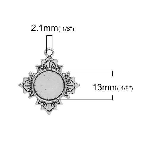 Image de Breloques Supports à Cabochons Alliage de Zinc Losange Argent Vieilli Cabochon Rapportable Feuilles (Convenable à 13mm Dia.) 29mm x 26mm, 30 Pcs