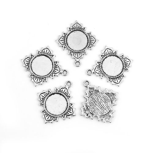 Image de Breloques Supports à Cabochons Alliage de Zinc Losange Argent Vieilli Cabochon Rapportable Feuilles (Convenable à 13mm Dia.) 29mm x 26mm, 30 Pcs