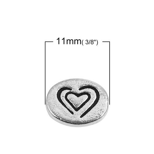 亜鉛合金 スペーサー ビーズ 楕円形 銀古美 ハート彫刻 " Hero" 11mm x 8mm、 穴：約 1.5mm、 50 個 の画像