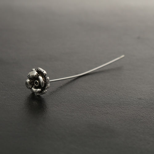 Picture of Zinc Based Alloy Ball Head Pins Antique Silver Color Flower (Can Hold ss5 Pointed Back Rhinestone) 56mm(2 2/8") long, 0.7mm (21 gauge), 20 PCs