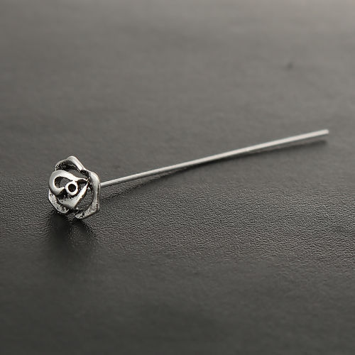 Picture of Zinc Based Alloy Ball Head Pins Antique Silver Color Rose Flower 5.5cm(2 1/8") long, 0.7mm (21 gauge), 20 PCs