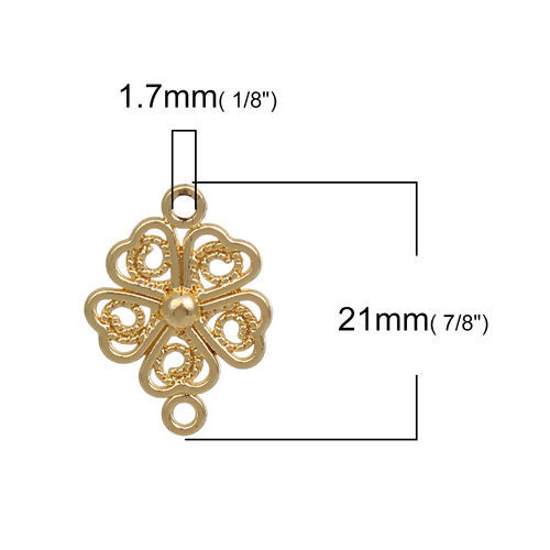 亜鉛合金 コネクターパーツ クローバー 金メッキ 透かし 21mm x 15mm、 20 個 の画像