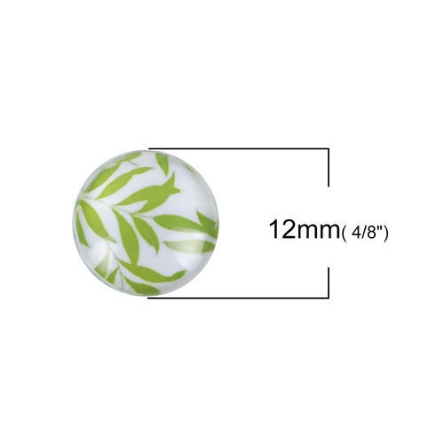 Picture of Glass Dome Seals Cabochon Round Flatback White Leaf Pattern 12mm( 4/8") Dia, 50 PCs