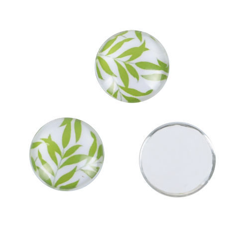 Picture of Glass Dome Seals Cabochon Round Flatback White Leaf Pattern 12mm( 4/8") Dia, 50 PCs