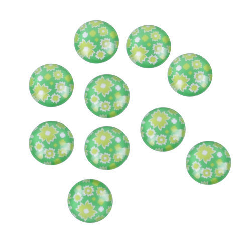 Picture of Glass Dome Seals Cabochon Round Flatback Green Flower Pattern 12mm( 4/8") Dia, 50 PCs