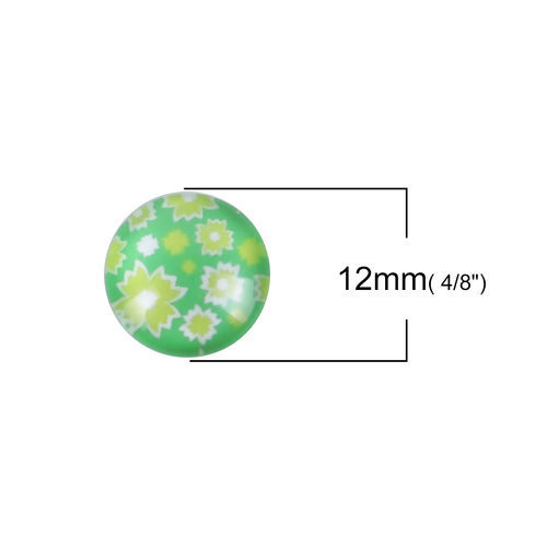 Picture of Glass Dome Seals Cabochon Round Flatback Green Flower Pattern 12mm( 4/8") Dia, 50 PCs