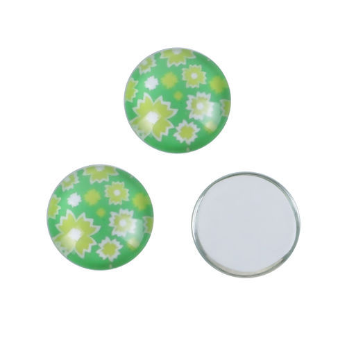 Picture of Glass Dome Seals Cabochon Round Flatback Green Flower Pattern 12mm( 4/8") Dia, 50 PCs