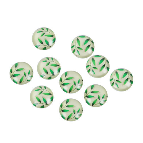 Picture of Glass Dome Seals Cabochon Round Flatback Green Leaf Pattern 12mm( 4/8") Dia, 50 PCs