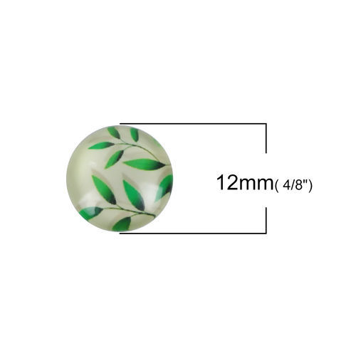 Picture of Glass Dome Seals Cabochon Round Flatback Green Leaf Pattern 12mm( 4/8") Dia, 50 PCs