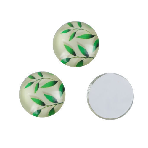 Picture of Glass Dome Seals Cabochon Round Flatback Green Leaf Pattern 12mm( 4/8") Dia, 50 PCs