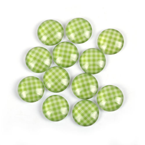 Picture of Glass Dome Seals Cabochon Round Flatback Green Grid Checker Pattern 12mm( 4/8") Dia, 50 PCs