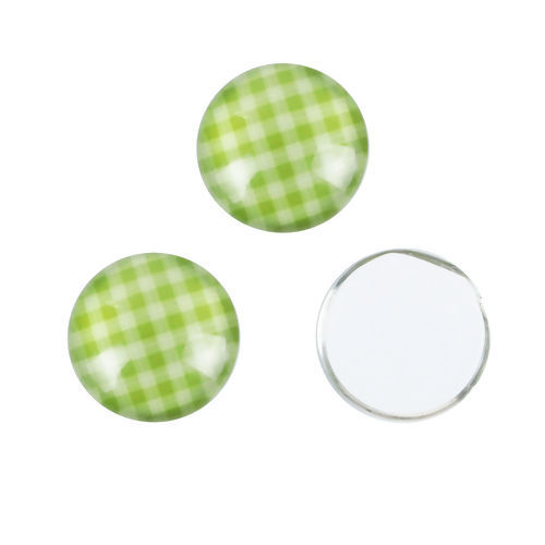 Picture of Glass Dome Seals Cabochon Round Flatback Green Grid Checker Pattern 12mm( 4/8") Dia, 50 PCs