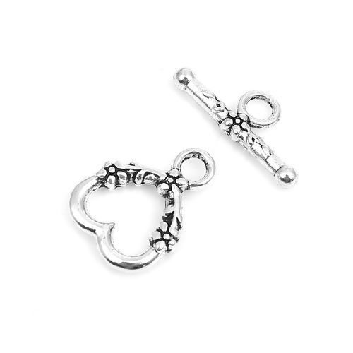Picture of Zinc Based Alloy Toggle Clasps Heart Antique Silver Color 18mm x 14mm 20mm x 8mm, 40 Sets