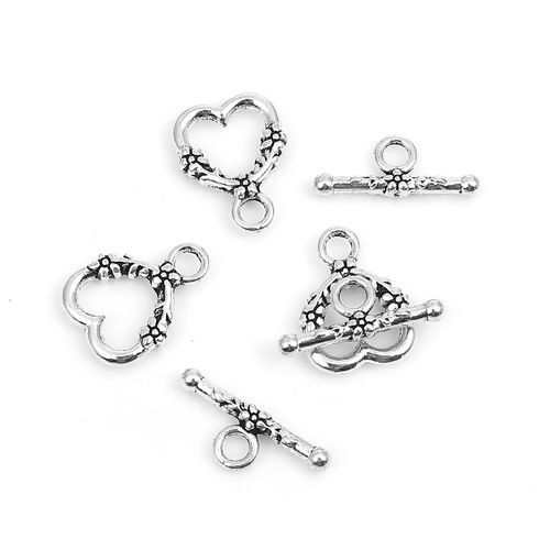 Picture of Zinc Based Alloy Toggle Clasps Heart Antique Silver Color 18mm x 14mm 20mm x 8mm, 40 Sets
