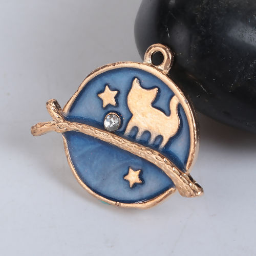 Immagine di Lega di Zinco Galassia Charms Tondo Oro Placcato Blu Marino Gatto Trasparente Strass Smalto 26mm x 22mm , 10 Pz