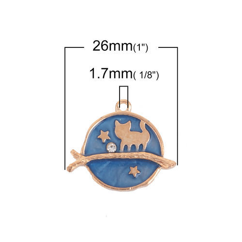 Immagine di Lega di Zinco Galassia Charms Tondo Oro Placcato Blu Marino Gatto Trasparente Strass Smalto 26mm x 22mm , 10 Pz