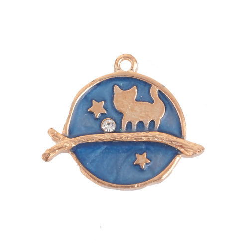 Immagine di Lega di Zinco Galassia Charms Tondo Oro Placcato Blu Marino Gatto Trasparente Strass Smalto 26mm x 22mm , 10 Pz