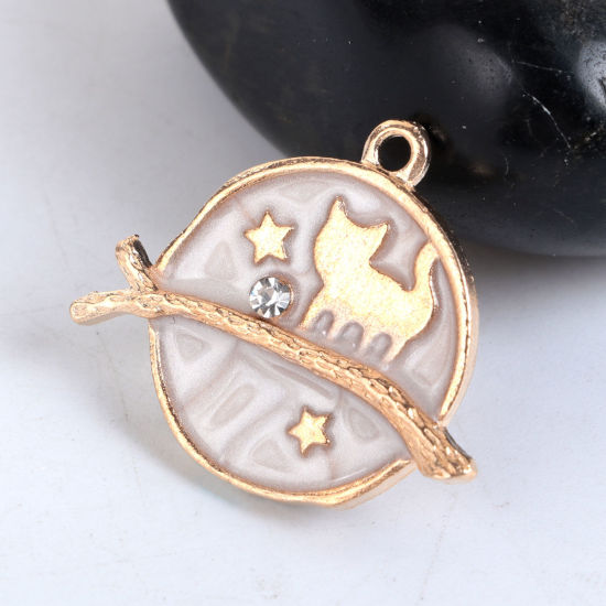 Immagine di Lega di Zinco Galassia Charms Tondo Oro Placcato Blu Marino Gatto Trasparente Strass Smalto 26mm x 22mm , 10 Pz