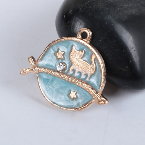 Immagine di Lega di Zinco Galassia Charms Tondo Oro Placcato Blu Chiaro Gatto Trasparente Strass Smalto 26mm x 22mm , 10 Pz