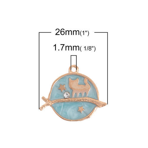 Immagine di Lega di Zinco Galassia Charms Tondo Oro Placcato Blu Chiaro Gatto Trasparente Strass Smalto 26mm x 22mm , 10 Pz