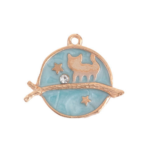 Immagine di Lega di Zinco Galassia Charms Tondo Oro Placcato Blu Chiaro Gatto Trasparente Strass Smalto 26mm x 22mm , 10 Pz