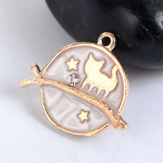 Immagine di Lega di Zinco Galassia Charms Tondo Oro Placcato Blu Chiaro Gatto Trasparente Strass Smalto 26mm x 22mm , 10 Pz