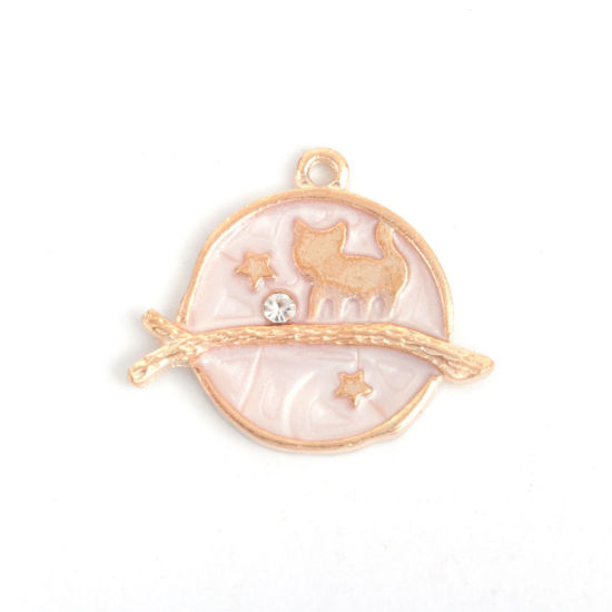 Immagine di Lega di Zinco Galassia Charms Tondo Oro Placcato Blu Chiaro Gatto Trasparente Strass Smalto 26mm x 22mm , 10 Pz