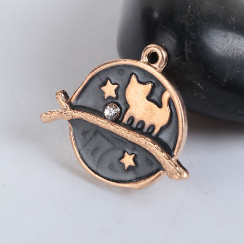Immagine di Lega di Zinco Galassia Charms Tondo Oro Placcato Nero Gatto Trasparente Strass Smalto 26mm x 22mm , 10 Pz