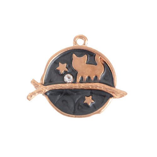 Immagine di Lega di Zinco Galassia Charms Tondo Oro Placcato Nero Gatto Trasparente Strass Smalto 26mm x 22mm , 10 Pz