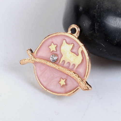 Immagine di Lega di Zinco Galassia Charms Tondo Oro Placcato Rosa Gatto Trasparente Strass Smalto 26mm x 22mm , 10 Pz