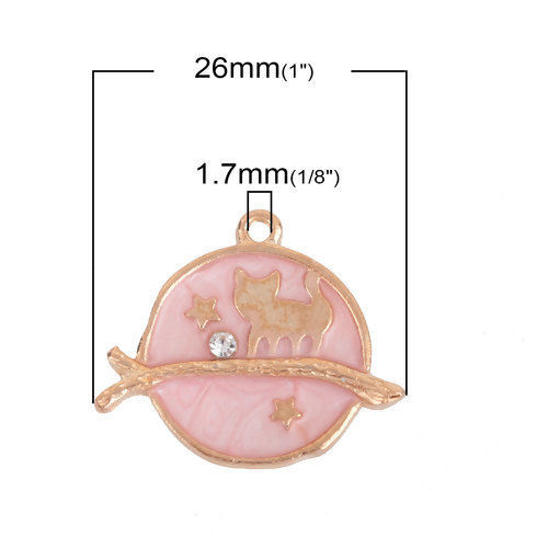 Immagine di Lega di Zinco Galassia Charms Tondo Oro Placcato Rosa Gatto Trasparente Strass Smalto 26mm x 22mm , 10 Pz