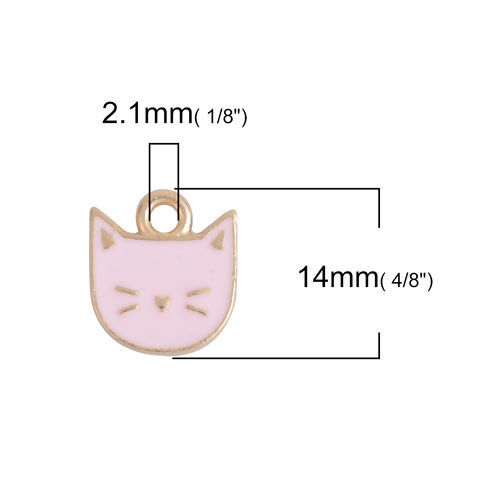 Bild von Zinklegierung Charms Katze Vergoldet Rosa Emaille 14mm x 13mm, 10 Stück