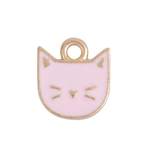 Bild von Zinklegierung Charms Katze Vergoldet Rosa Emaille 14mm x 13mm, 10 Stück