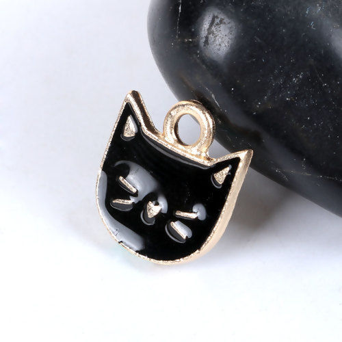 Bild von Zinklegierung Charms Katze Vergoldet Schwarz Emaille 14mm x 13mm, 10 Stück