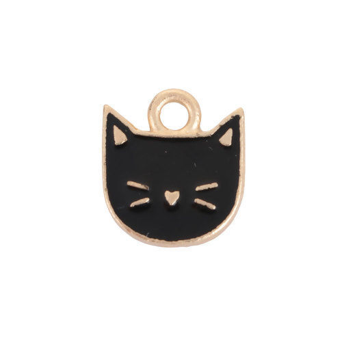 Bild von Zinklegierung Charms Katze Vergoldet Schwarz Emaille 14mm x 13mm, 10 Stück