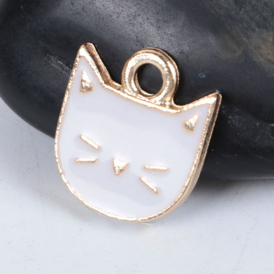 Bild von Zinklegierung Charms Katze Vergoldet Schwarz Emaille 14mm x 13mm, 10 Stück